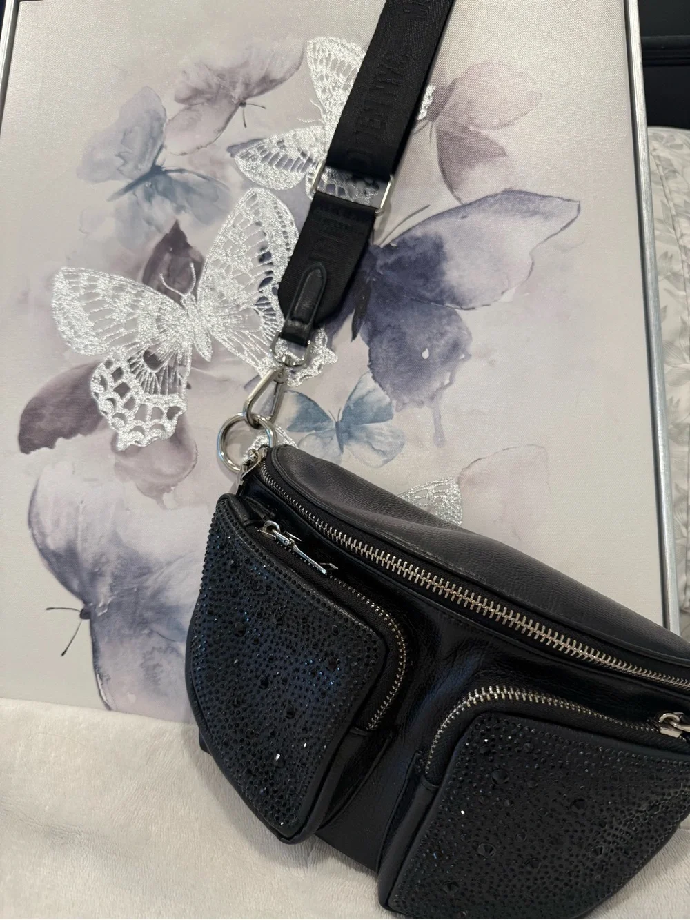 Black Embellished Leather Belt Bag